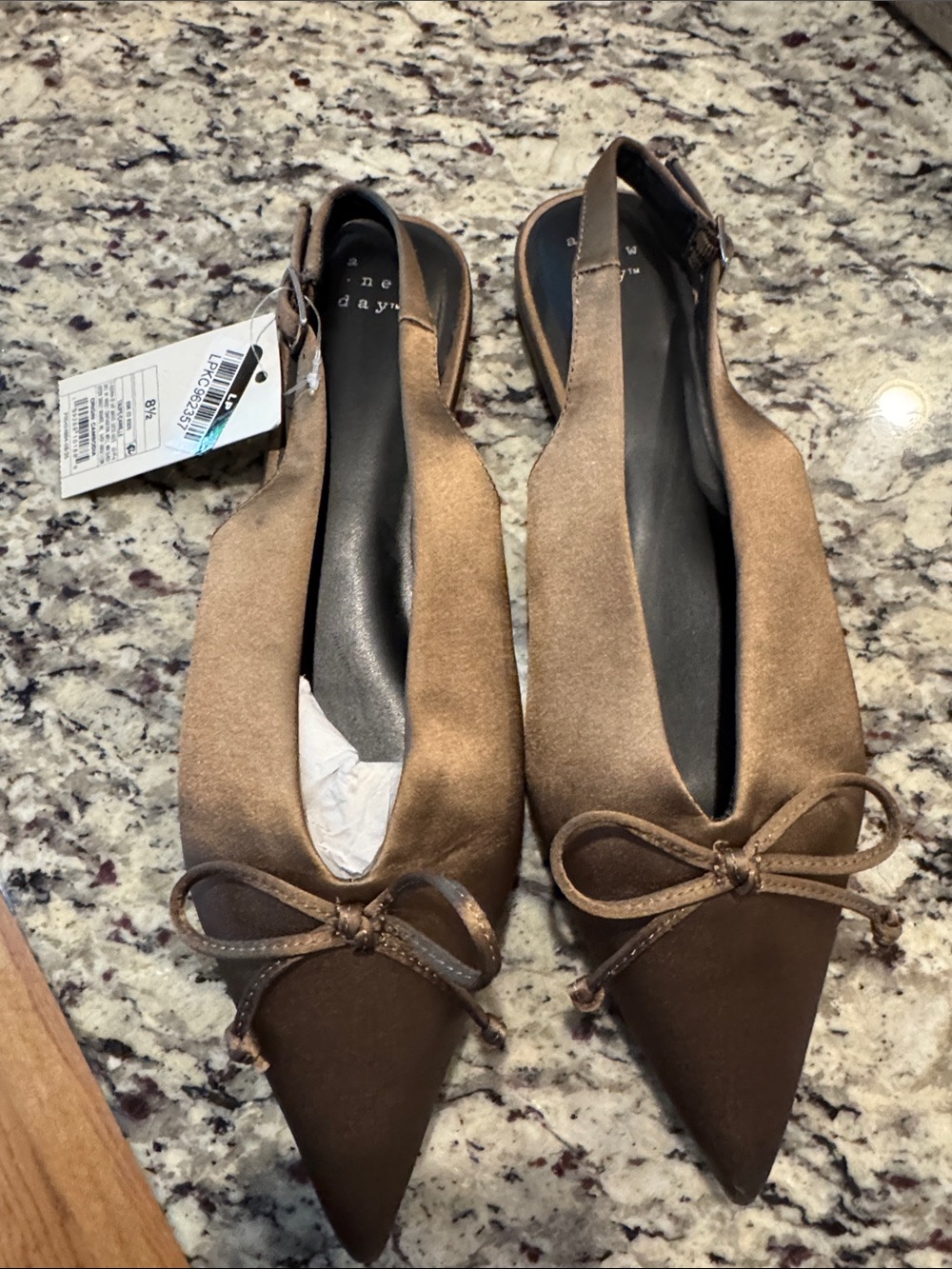 a new day Bronze Satin Pointed Slingback Mules with Bow